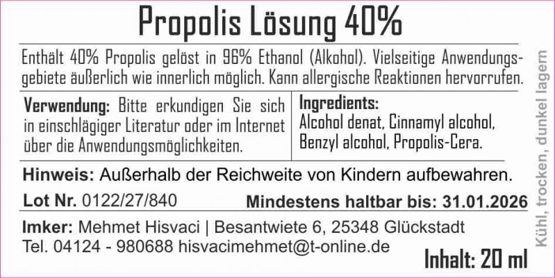 Propolislösung: Enthält 40% Propolis
